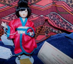 8.5" PORCELAIN DANBURY MINT AKIKO JAPAN OR 9.5" USA OR ITALY DOLL, STAND, CERTIFICATE